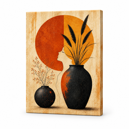 Mid Century Black Vases Split Sun Floater Frame Canvas Wall Art | frameless stretched canvas SKU