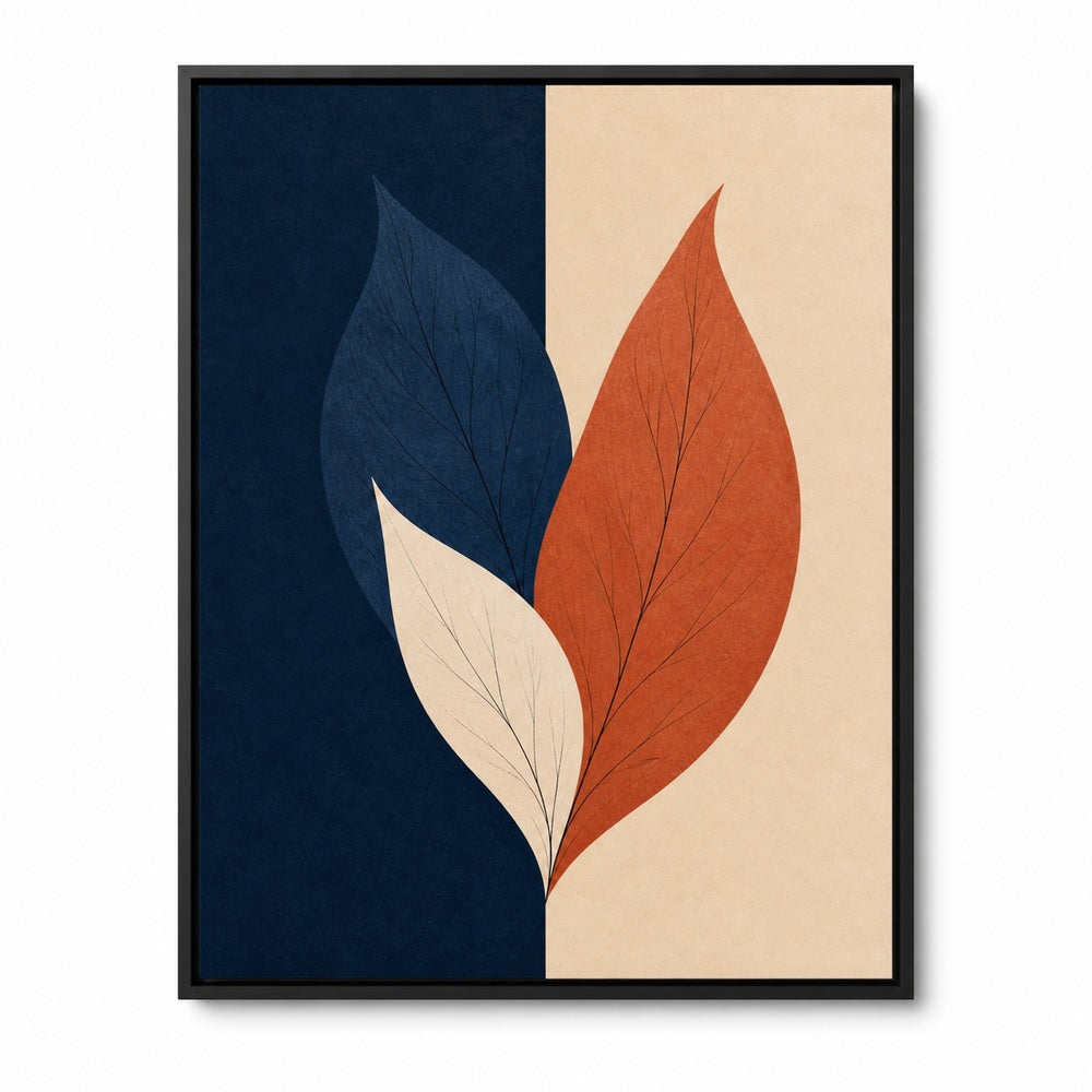 Navy Terracotta Three Leaves Floating Frame Wall Art - 01