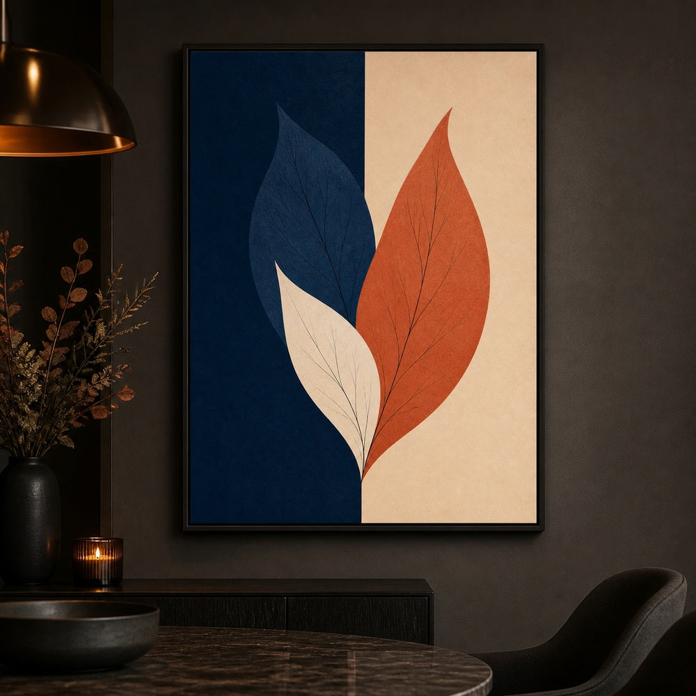 Navy Terracotta Three Leaves Floating Frame Wall Art - 02b