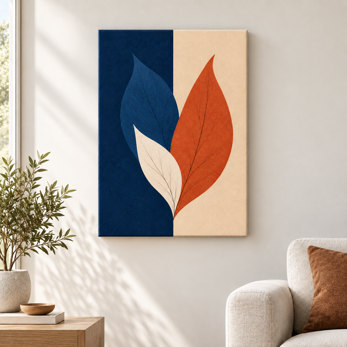 Navy Terracotta Three Leaves Floater Frame Canvas Wall Art | frameless close wall hero