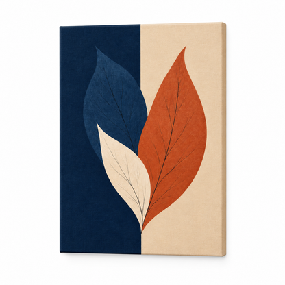 Navy Terracotta Three Leaves Floater Frame Canvas Wall Art | frameless stretched canvas SKU