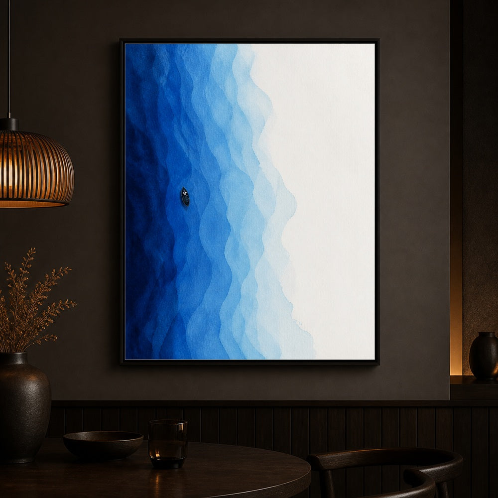 Blue Water Solitude Boat Floating Frame Wall Art - 02b