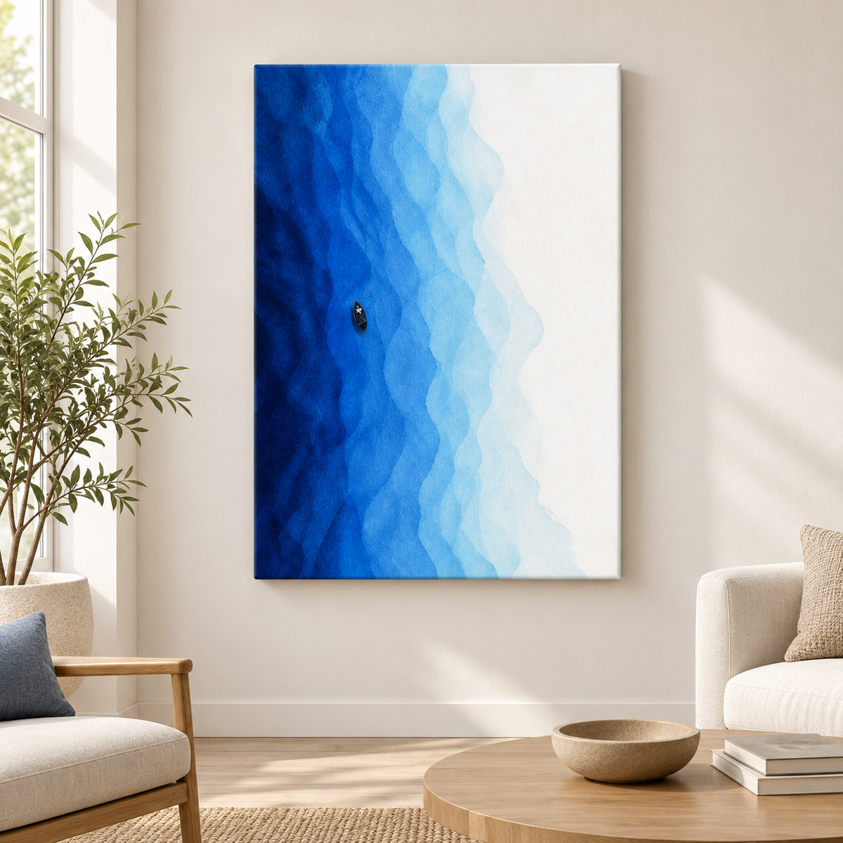 Blue Water Solitude Boat Floater Frame Canvas Wall Art | frameless close wall hero