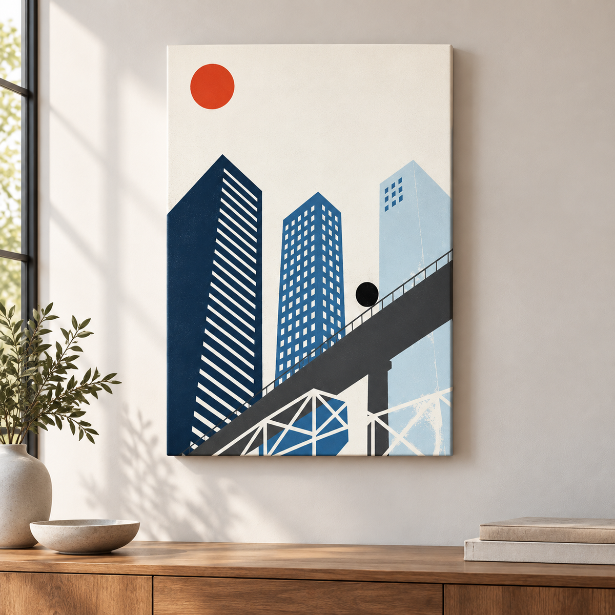 Bauhaus Geometric City Monorail Floater Frame Canvas Wall Art | frameless close wall hero