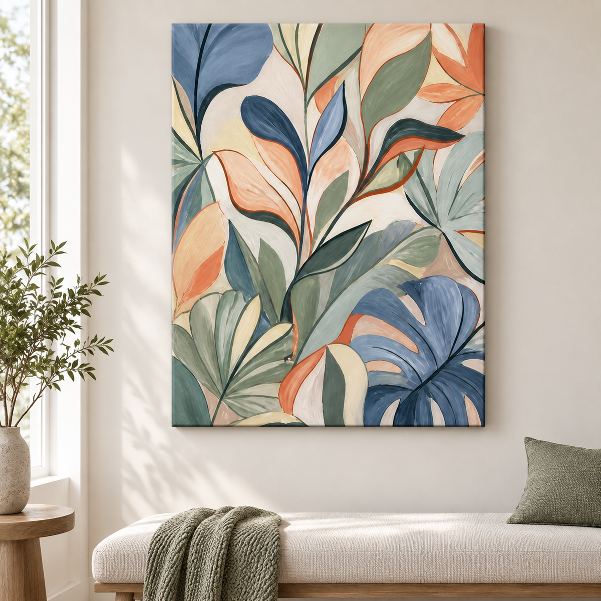 Sage Blue Abstract Botanical Leaves Floater Frame Canvas Wall Art | frameless close wall hero