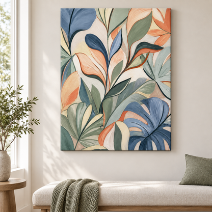 Sage Blue Abstract Botanical Leaves Floater Frame Canvas Wall Art | frameless close wall hero