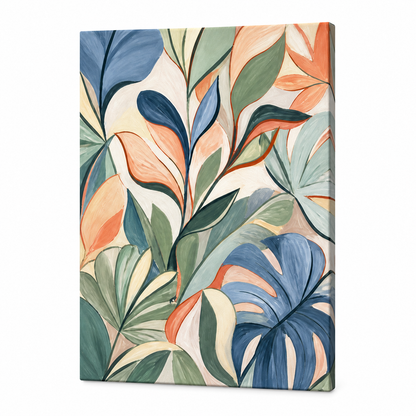 Sage Blue Abstract Botanical Leaves Floater Frame Canvas Wall Art | frameless stretched canvas SKU
