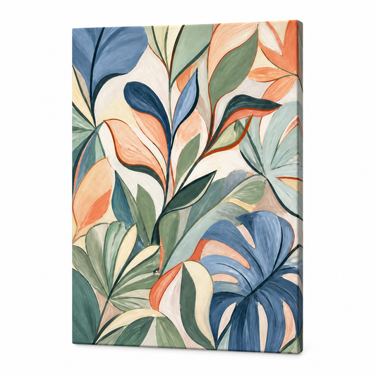 Sage Blue Abstract Botanical Leaves Floater Frame Canvas Wall Art | frameless stretched canvas SKU