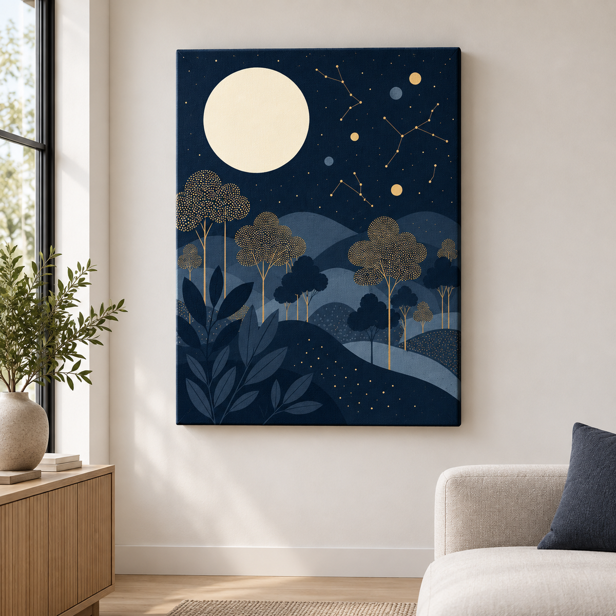 Celestial Moonlit Forest Floater Frame Canvas Wall Art | frameless close wall hero