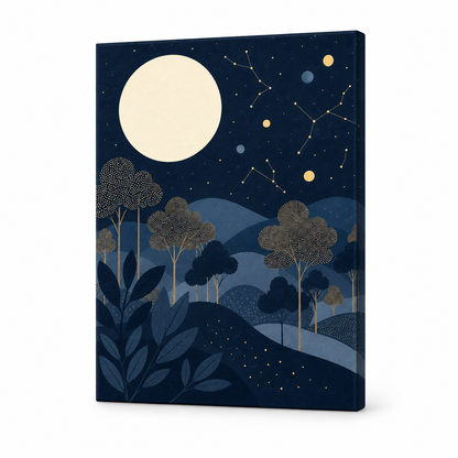 Celestial Moonlit Forest Floater Frame Canvas Wall Art | frameless stretched canvas SKU