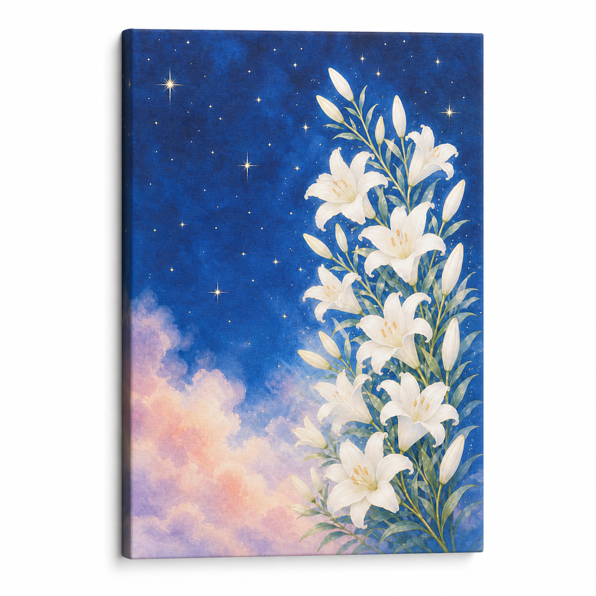 White Lilies Under a Starry Blue Sky Floater Frame Canvas Wall Art | Stretched Canvas SKU