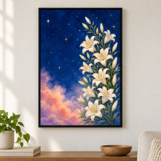 White Lilies Under a Starry Blue Sky Floater Frame Canvas Wall Art - Black Frame closeup wall view