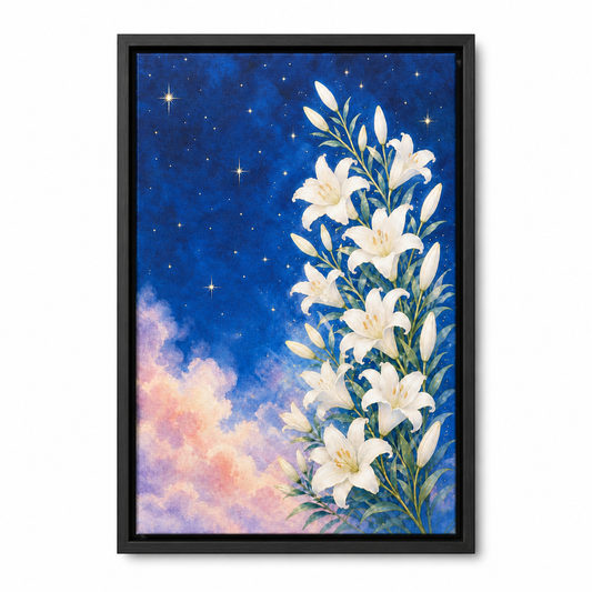 White Lilies Under a Starry Blue Sky Floater Frame Canvas Wall Art with black floater frame — styled room view, image 8