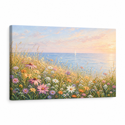 Sunset Coastal Wildflower Meadow Floater Frame Canvas Wall Art | Stretched Canvas SKU