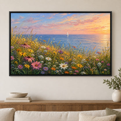 Sunset Coastal Wildflower Meadow Floater Frame Canvas Wall Art - approved Black Frame closeup wall view
