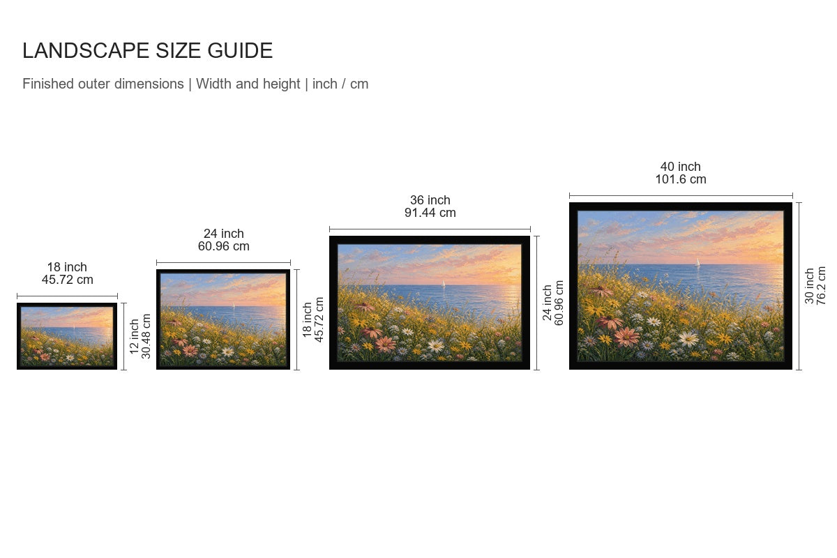 Sunset Coastal Wildflower Meadow Floater Frame Canvas Wall Art - approved size comparison guide (cm)