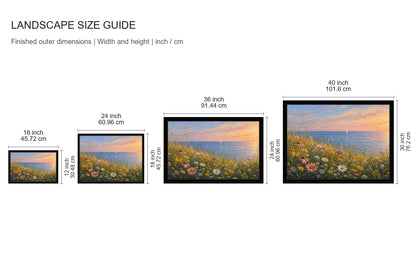 Sunset Coastal Wildflower Meadow Floater Frame Canvas Wall Art - approved size comparison guide (cm)