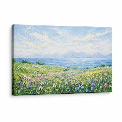 Impressionist Meadow Lake and Mountains Floater Frame Canvas Wall Art | Stretched Canvas SKU