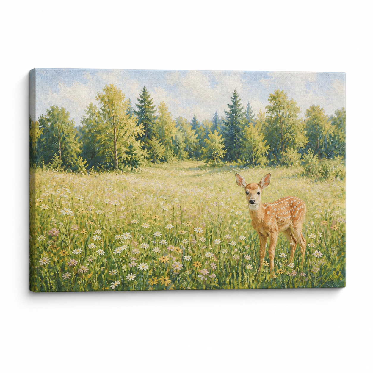 Spotted Fawn in a Wildflower Meadow Floater Frame Canvas Wall Art | Stretched Canvas SKU