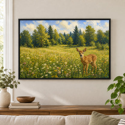 Spotted Fawn in a Wildflower Meadow Floater Frame Canvas Wall Art - approved Black Frame closeup wall view