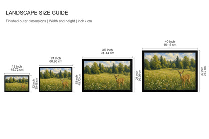 Spotted Fawn in a Wildflower Meadow Floater Frame Canvas Wall Art - approved size comparison guide (cm)