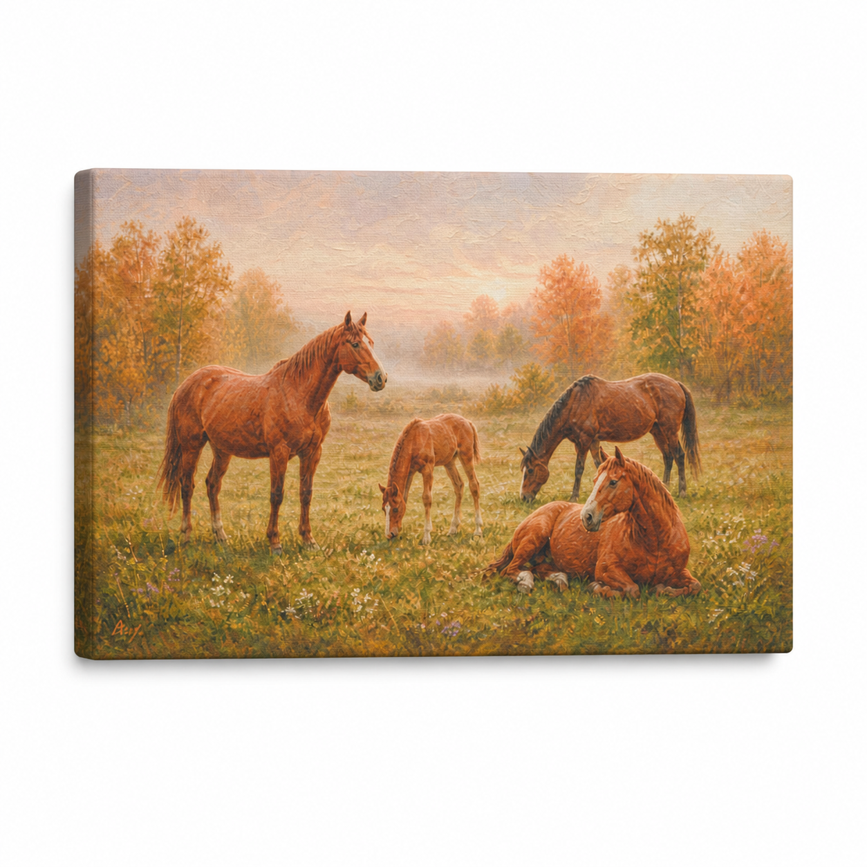 Four Horses in an Autumn Pasture Floater Frame Canvas Wall Art | Stretched Canvas SKU
