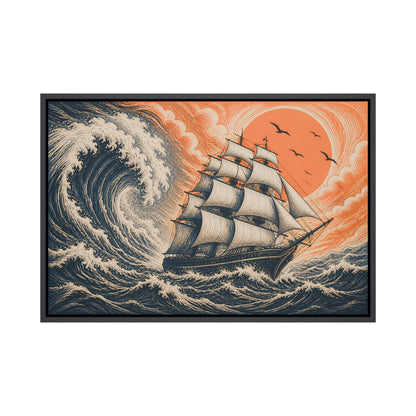Storm Sailing Ship Woodcut Floating Frame Wall Art - 01