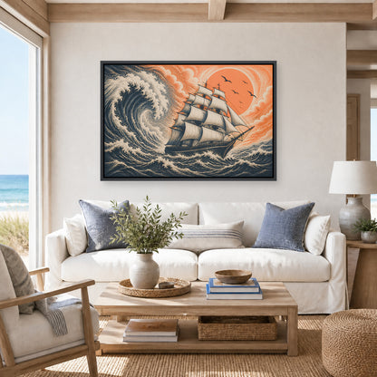 Storm Sailing Ship Woodcut Floating Frame Wall Art - 02