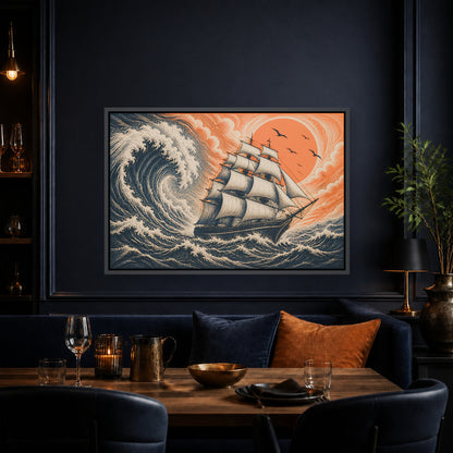 Storm Sailing Ship Woodcut Floating Frame Wall Art - 02b