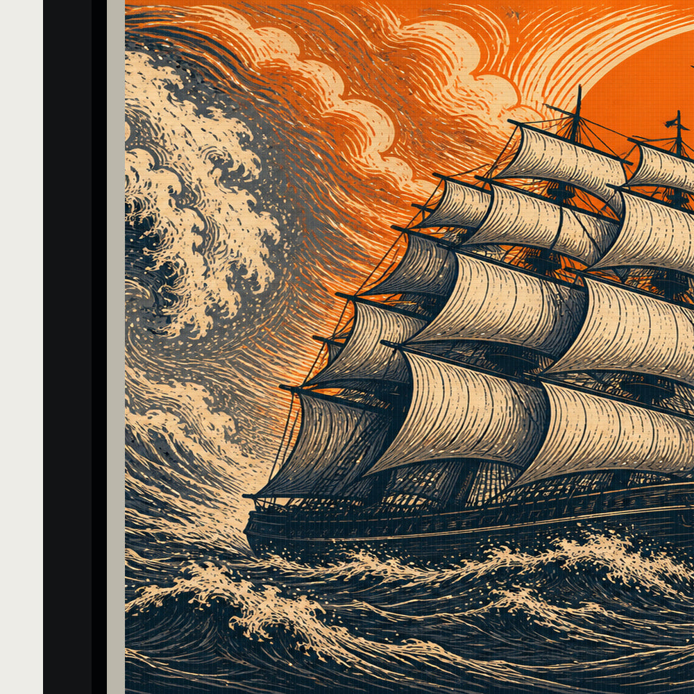 Storm Sailing Ship Woodcut Floating Frame Wall Art - 03