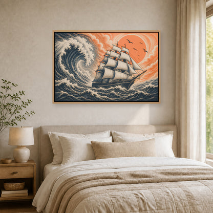 Storm Sailing Ship Woodcut Floating Frame Wall Art - 04