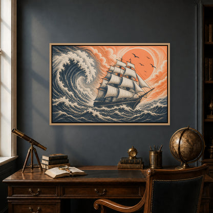 Storm Sailing Ship Woodcut Floating Frame Wall Art - 05