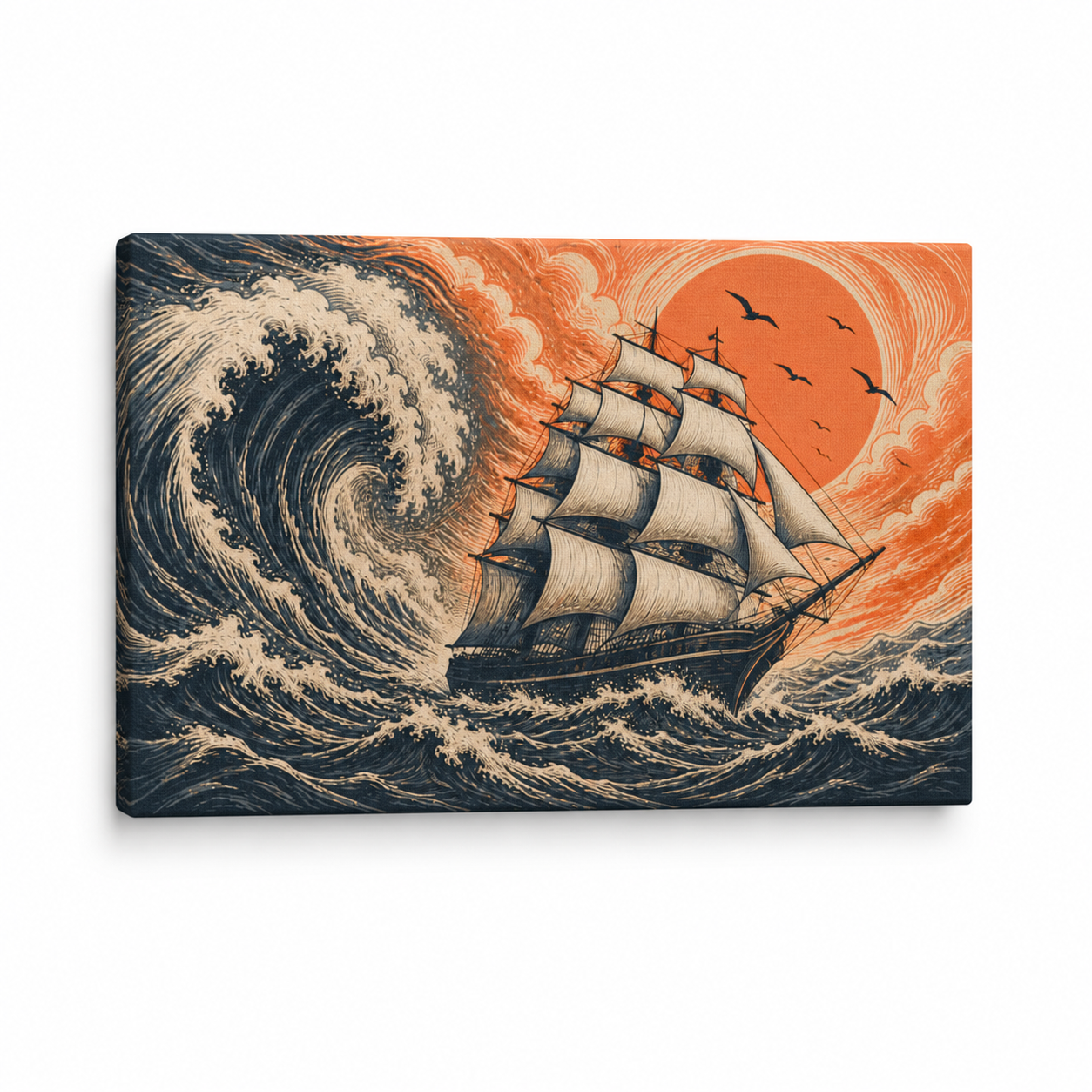 Storm Sailing Ship Woodcut Floater Frame Canvas Wall Art | Stretched Canvas SKU
