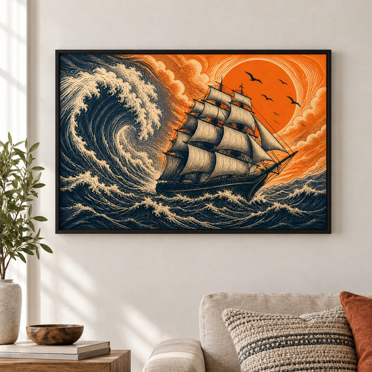 Storm Sailing Ship Woodcut Floater Frame Canvas Wall Art - approved Black Frame closeup wall view