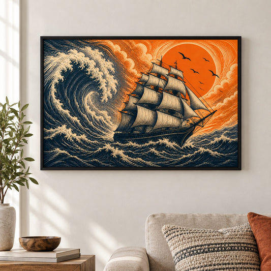 Storm Sailing Ship Woodcut Floater Frame Canvas Wall Art - approved Black Frame closeup wall view