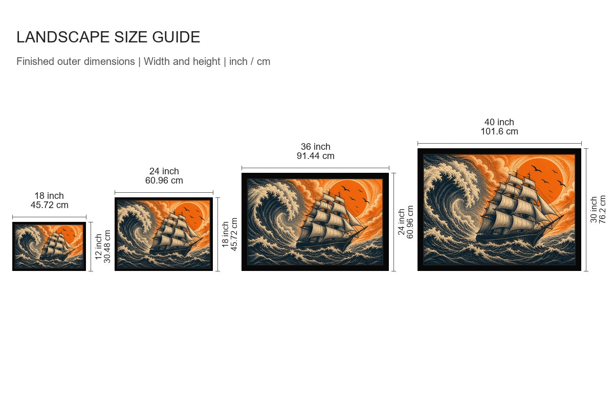 Storm Sailing Ship Woodcut Floater Frame Canvas Wall Art - approved size comparison guide (cm)