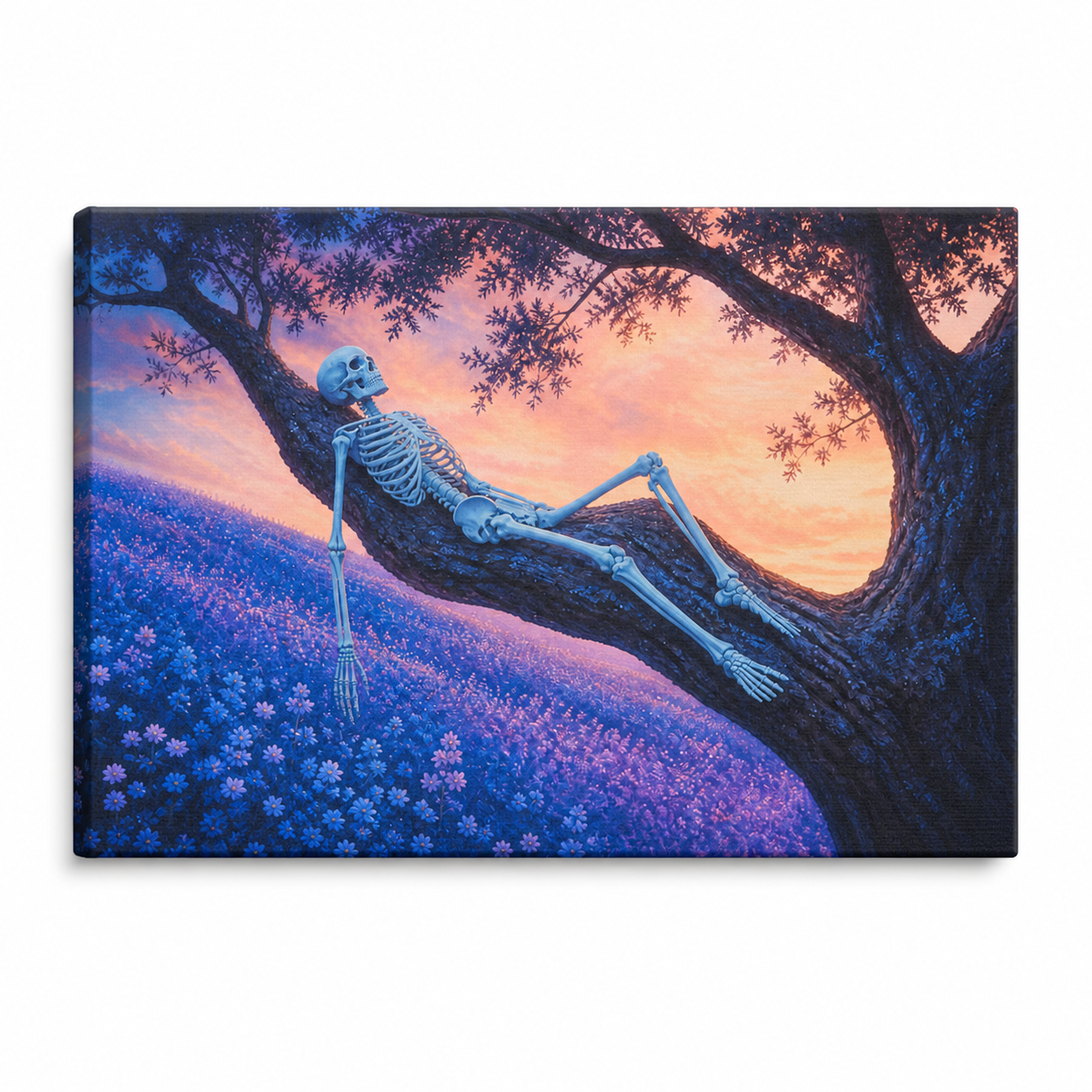 Reclining Skeleton Sunset Tree Floater Frame Canvas Wall Art | Stretched Canvas SKU