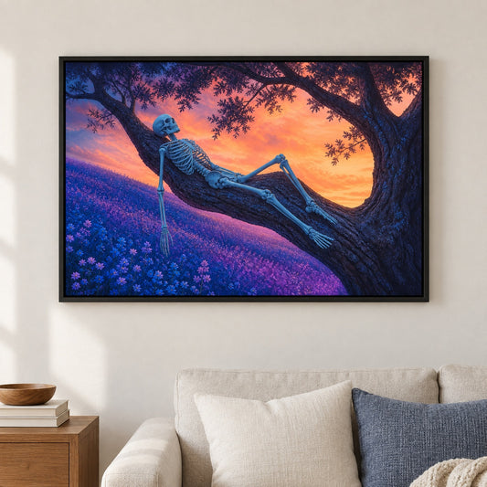 Reclining Skeleton Sunset Tree Floater Frame Canvas Wall Art - approved Black Frame closeup wall view