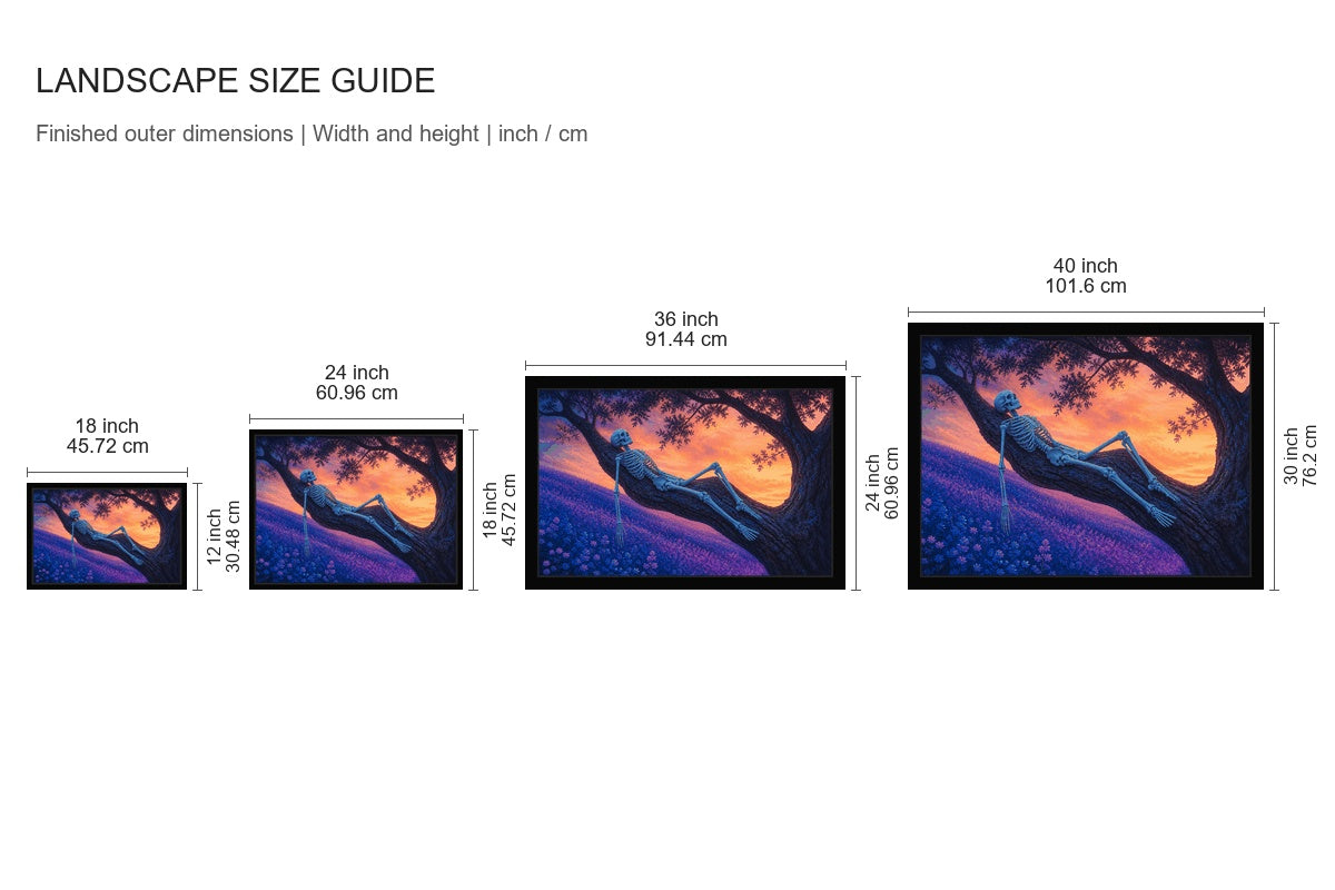 Reclining Skeleton Sunset Tree Floater Frame Canvas Wall Art - approved size comparison guide (cm)