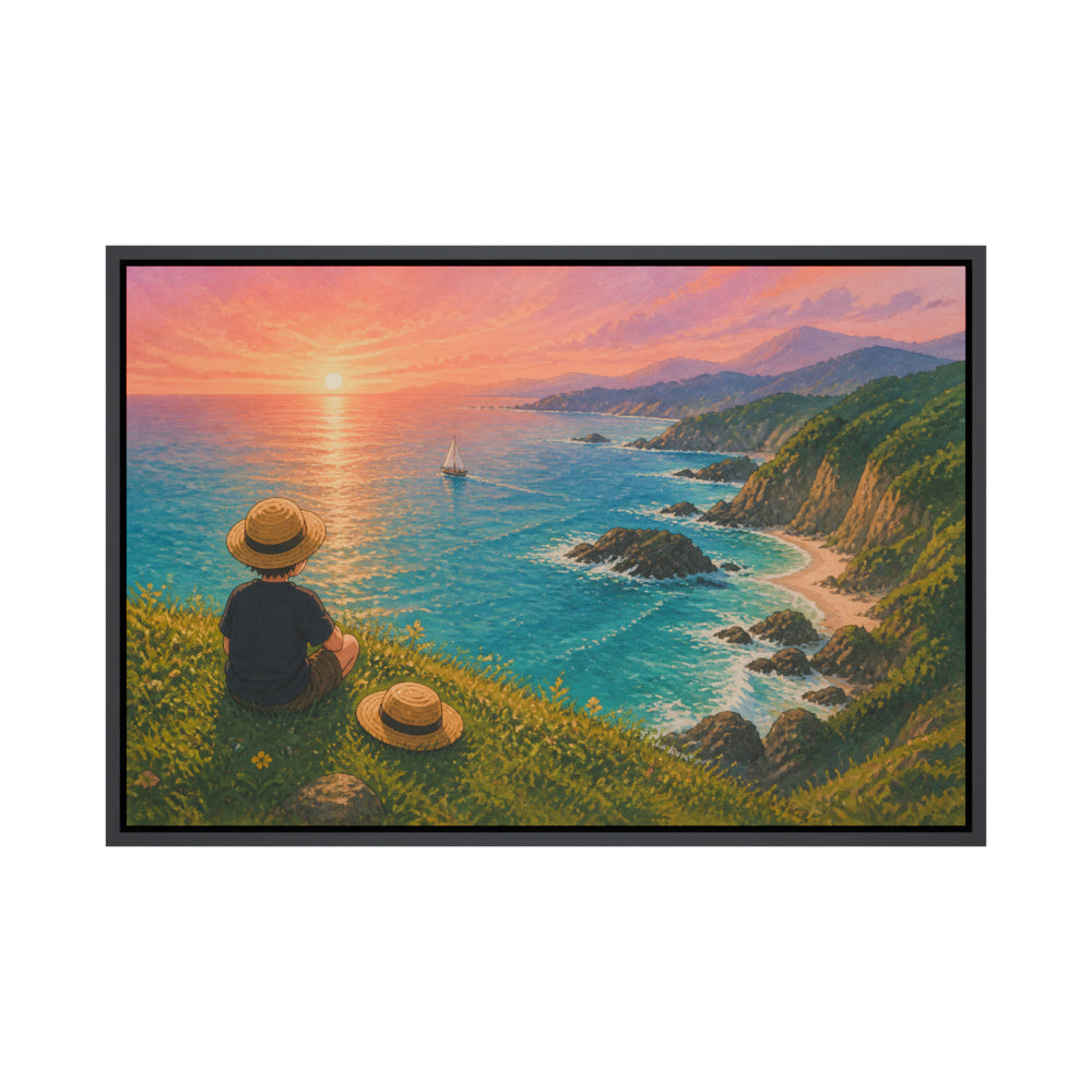 Child Watching the Coastal Sunset Floating Frame Wall Art - 01