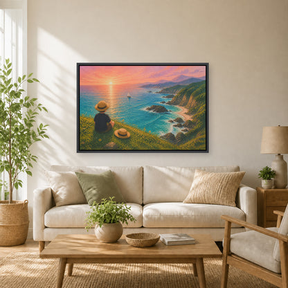 Child Watching the Coastal Sunset Floating Frame Wall Art - 02