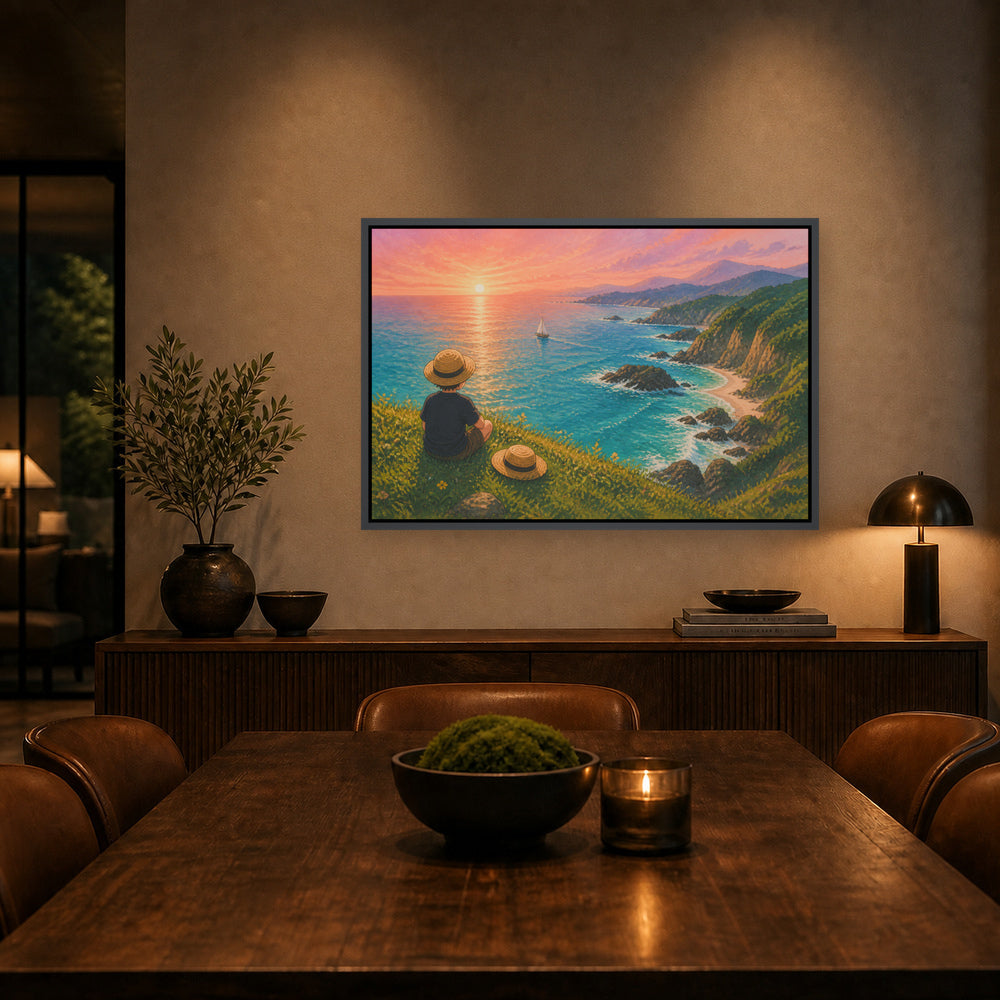 Child Watching the Coastal Sunset Floating Frame Wall Art - 02b