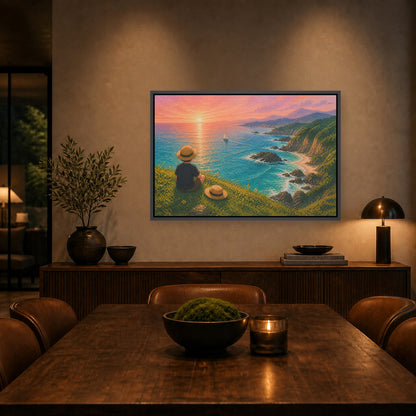 Child Watching the Coastal Sunset Floating Frame Wall Art - 02b