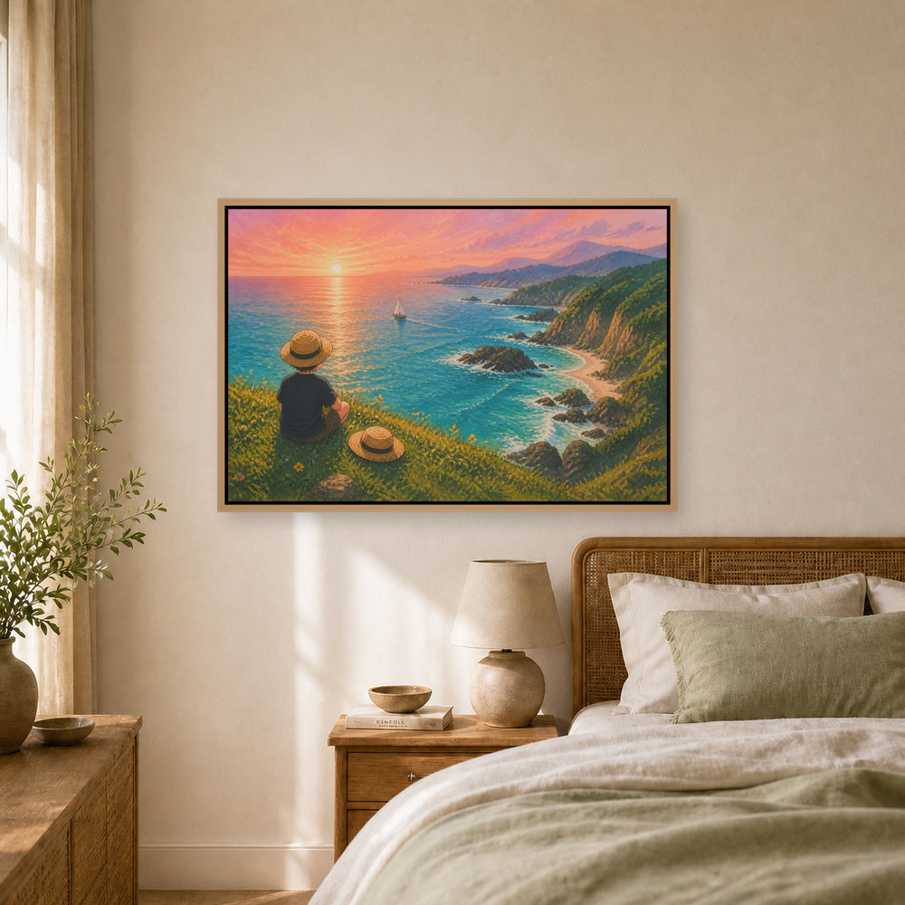 Child Watching the Coastal Sunset Floating Frame Wall Art - 04