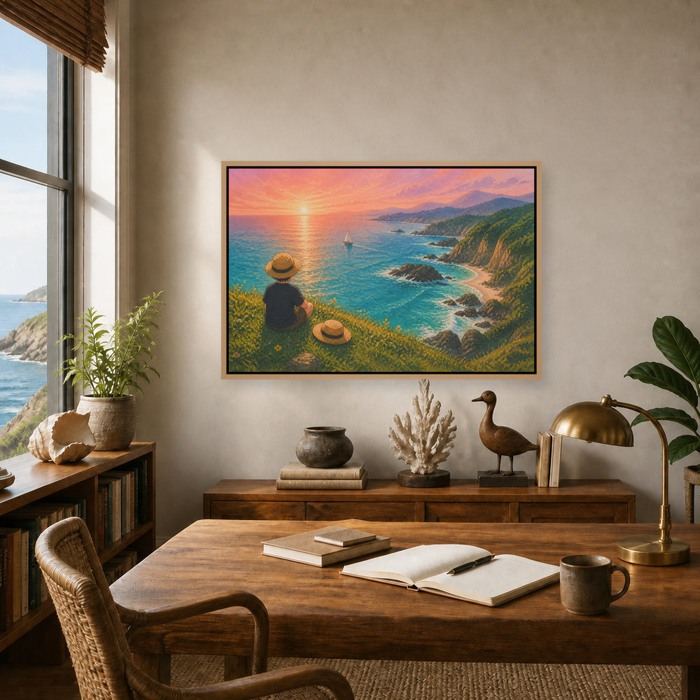 Child Watching the Coastal Sunset Floating Frame Wall Art - 05