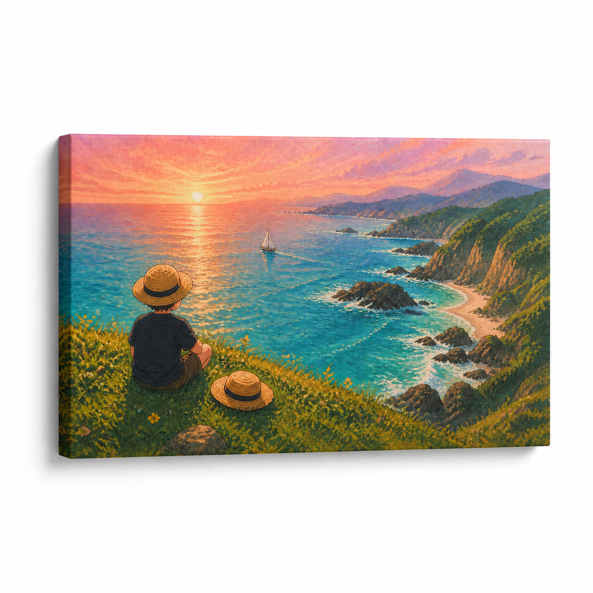 Child Watching Coastal Sunset Floater Frame Canvas Wall Art | Stretched Canvas SKU