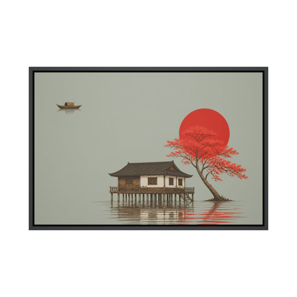 Red Tree and Asian Stilt House Floating Frame Wall Art - 01