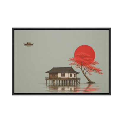 Red Tree and Asian Stilt House Floating Frame Wall Art - 01