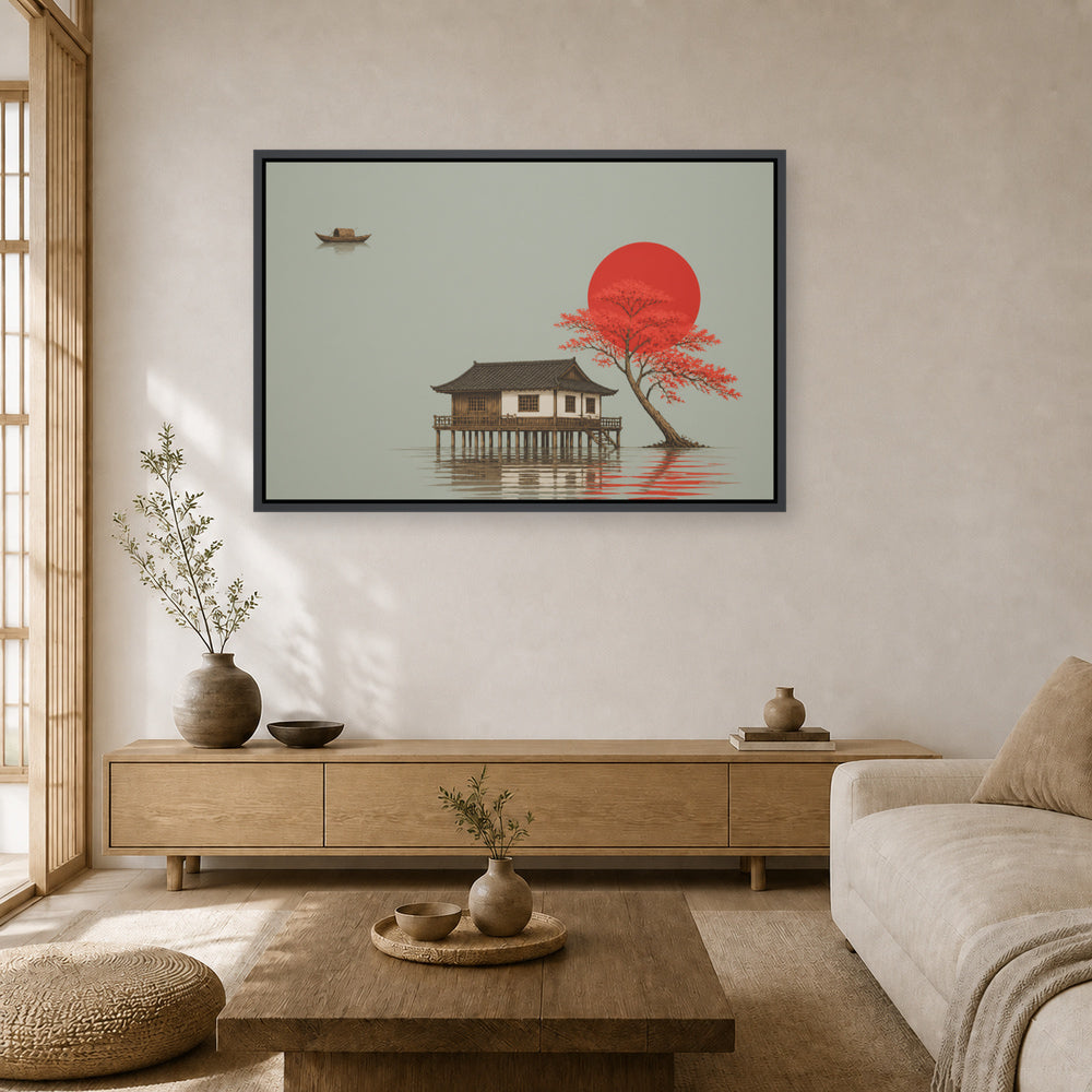 Red Tree and Asian Stilt House Floating Frame Wall Art - 02