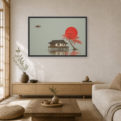 Red Tree and Asian Stilt House Floating Frame Wall Art - 02